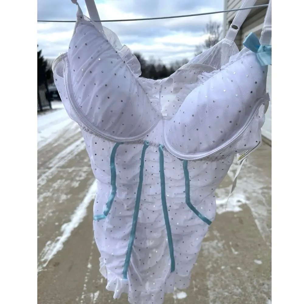 Escante Lover’s Lane Women’s Lingerie Sequin Cami‎ Set Blue Ribbon Size 1x White - Picture 12 of 12